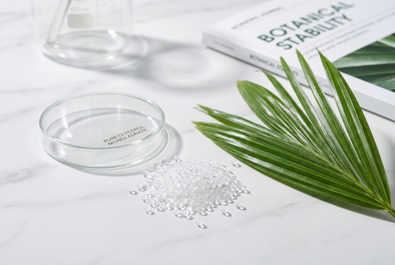 Translucent micro-spheres representing monolaurin pellets next to a green palm leaf.
