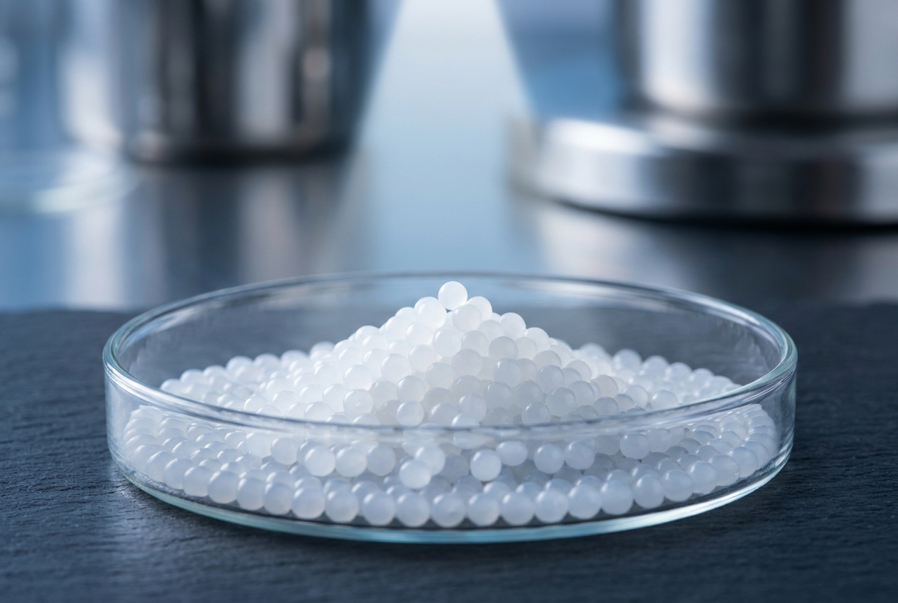 Close-up of pure white supplement pellets in a sterile glass dish.