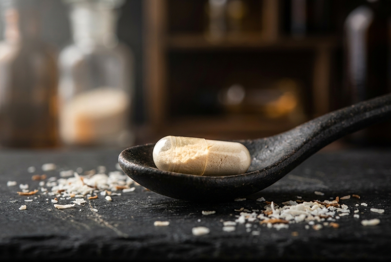 A single transparent plant-based supplement capsule rests on a ceramic spoon.