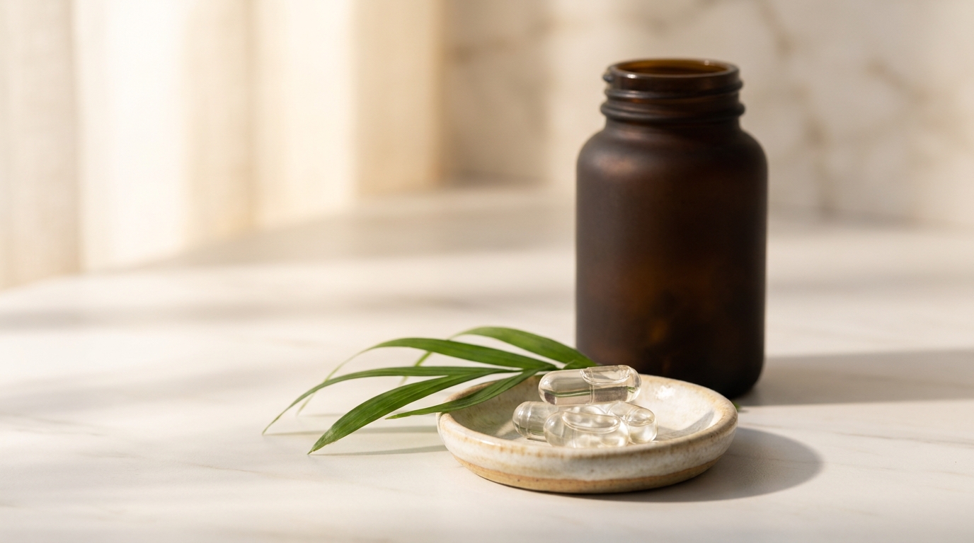A sleek glass supplement bottle next to a ceramic dish of clear capsules on a clean marble counter.