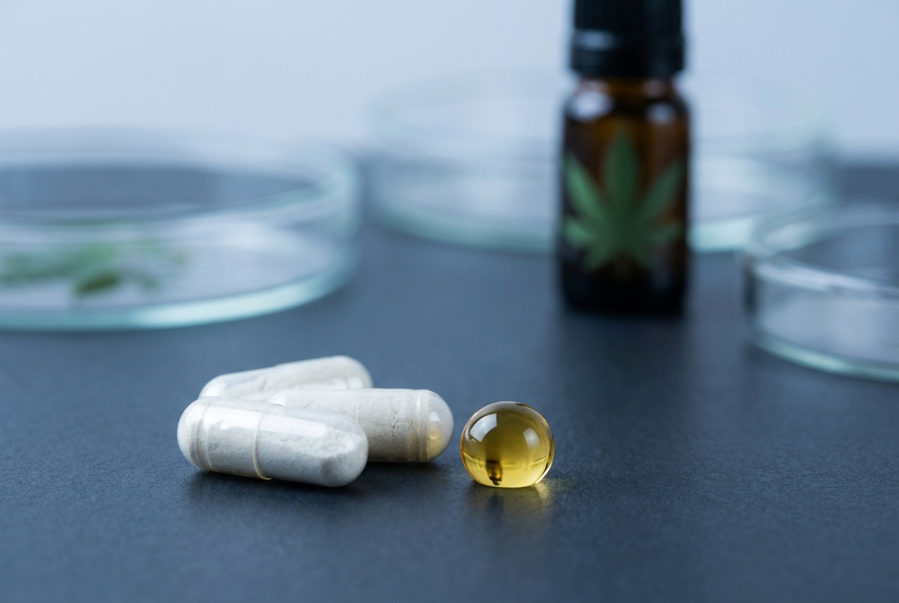 Macro view of clear vegetarian supplement capsules filled with white powder resting on a clean slate surface next to oil.