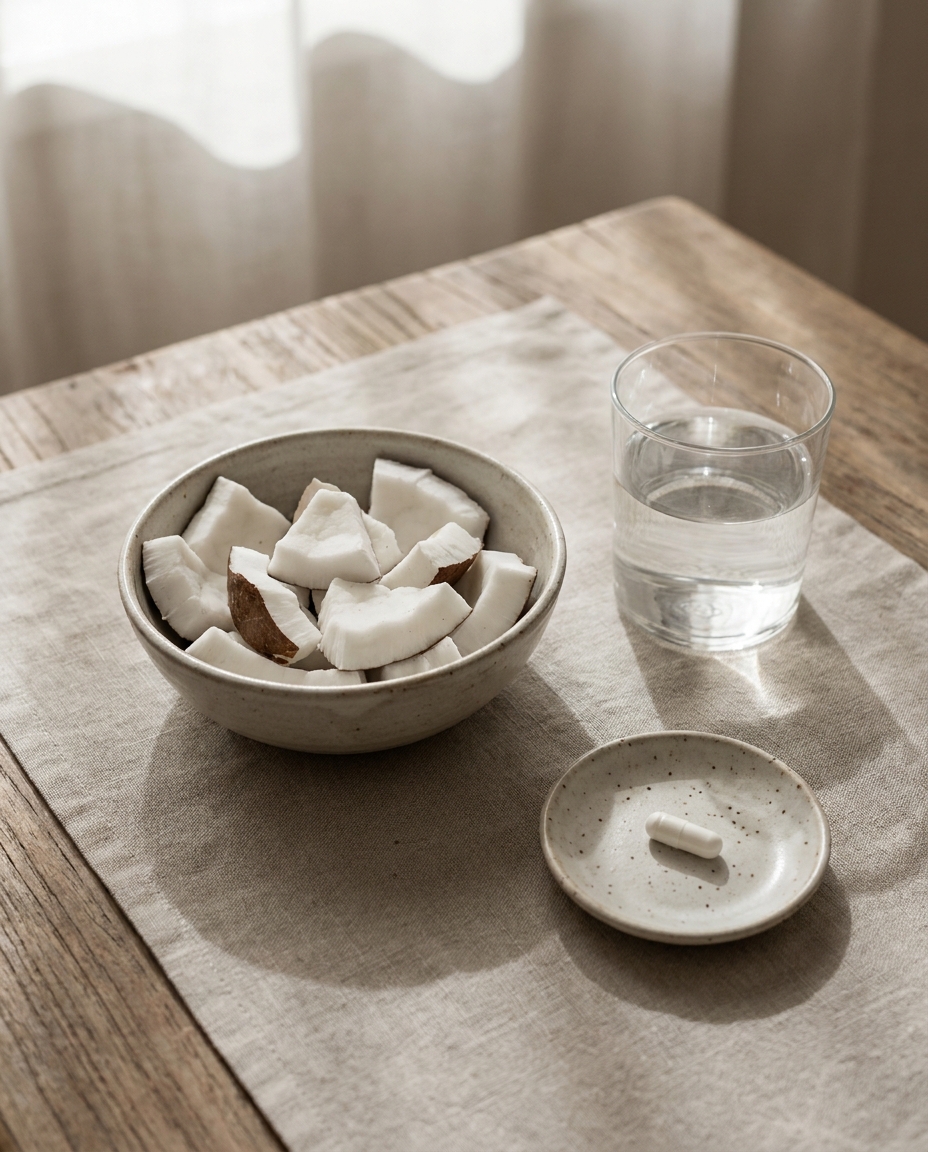 A minimalist wellness flat lay featuring fresh coconut chunks, a glass of water, and a pure dietary supplement capsule.