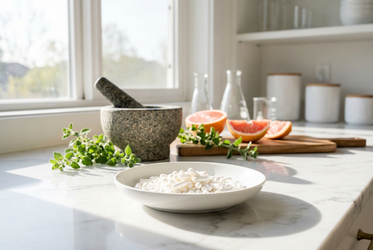 Pure white supplement pellets in a white dish with fresh grapefruit and oregano blurred in the background.