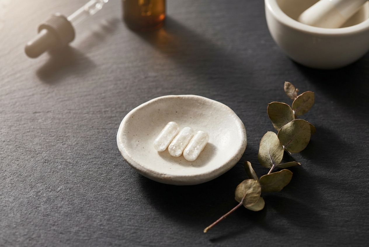 Three white supplement capsules resting in a handcrafted ceramic dish next to dried eucalyptus.