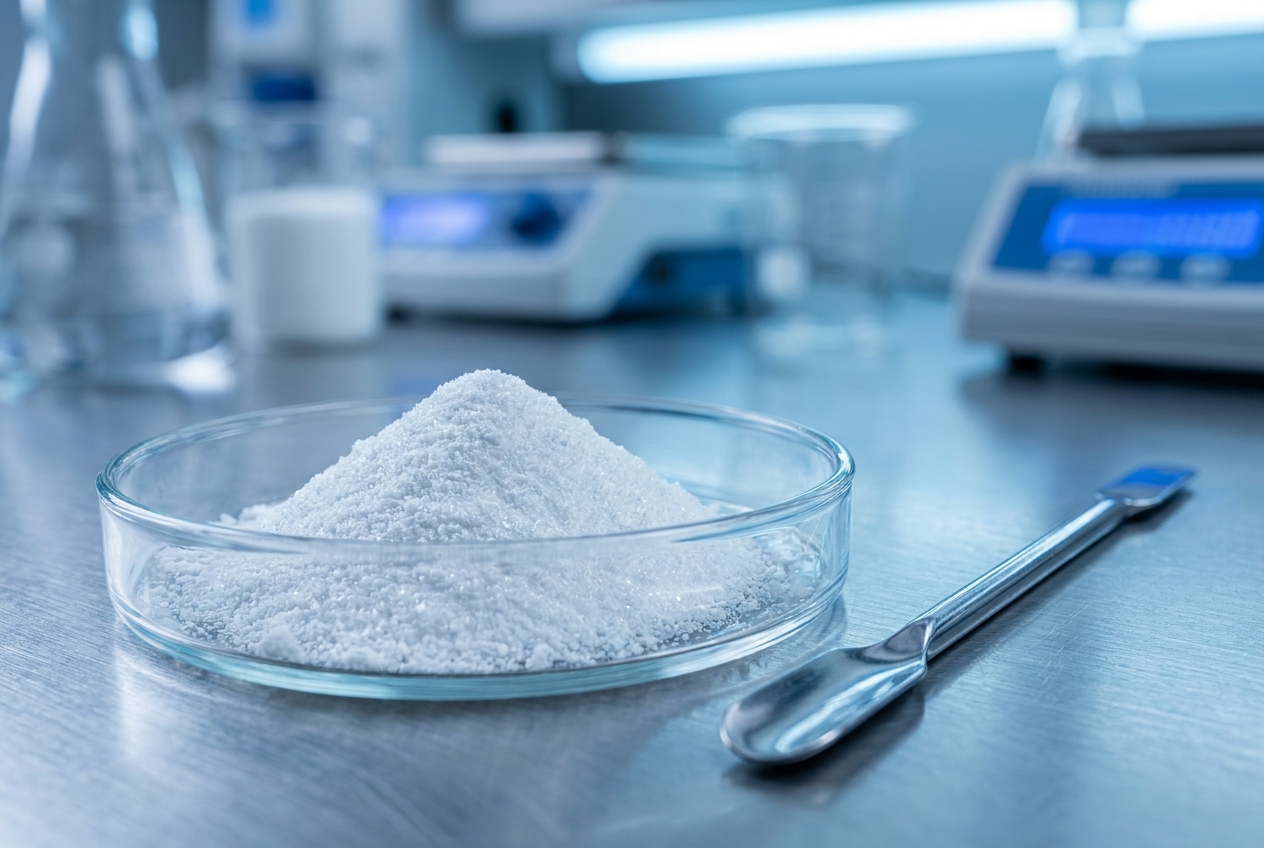 A glass petri dish containing white powder beside a polished metal spatula.