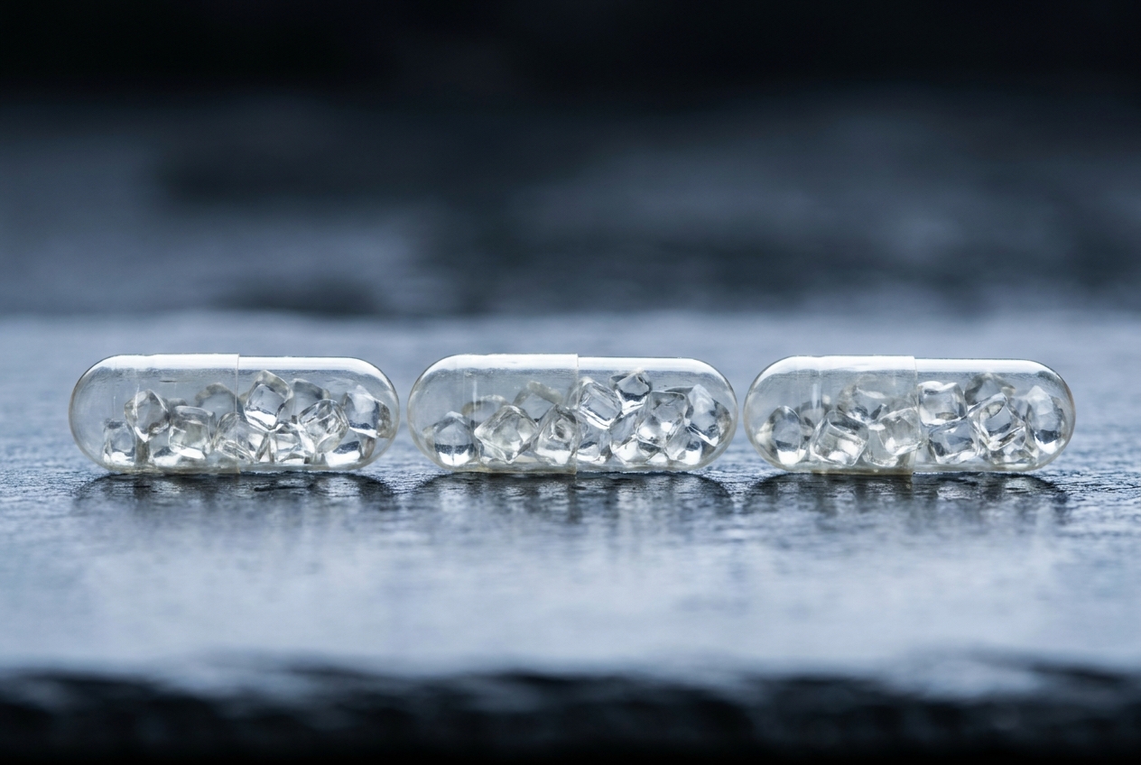 A close-up of three completely clear supplement capsules resting on a dark reflective surface.