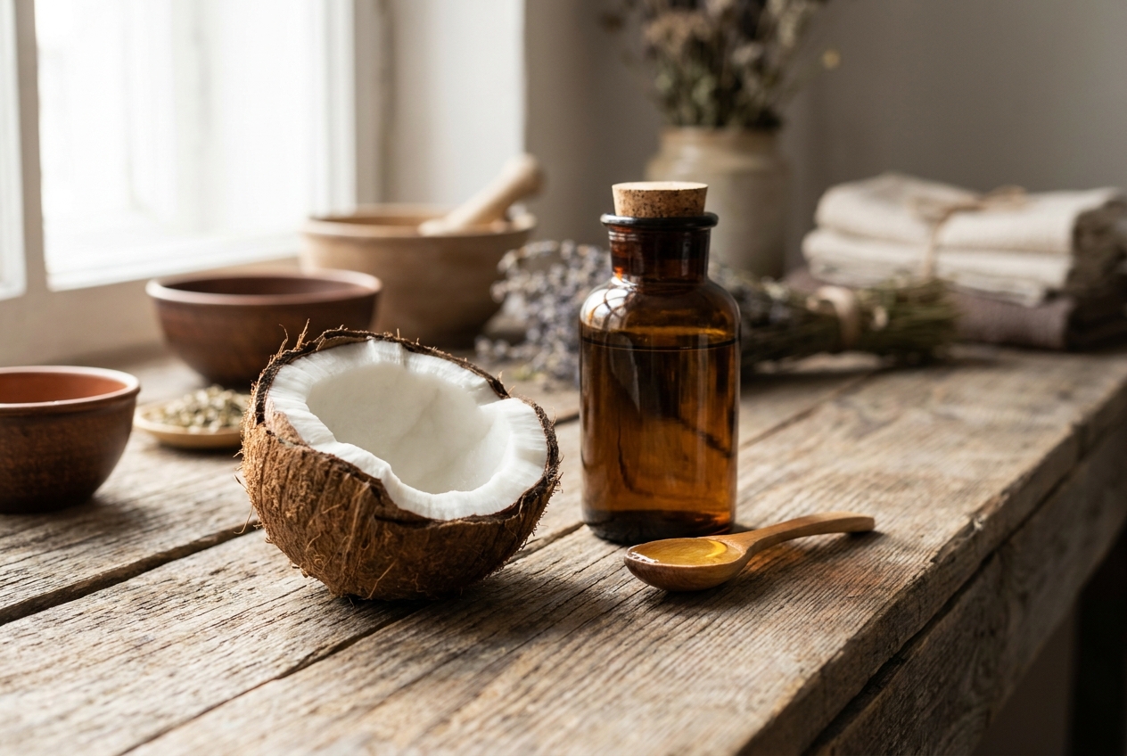 A cracked raw coconut and an amber glass apothecary bottle resting on a rustic wooden counter.