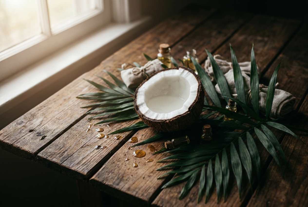A fresh halved coconut on a rustic table next to a palm leaf.