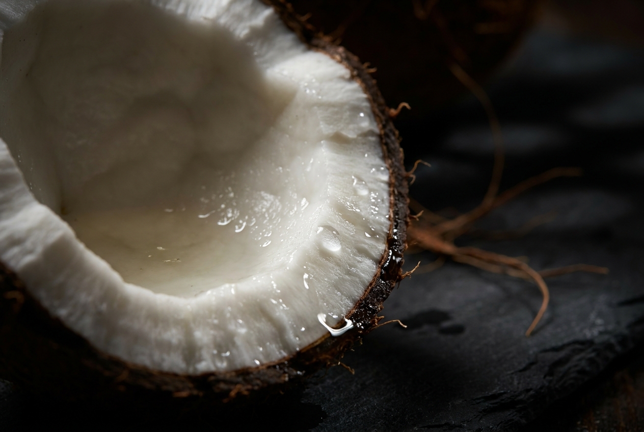 Macro shot of a halved raw coconut with water droplets on the white flesh.