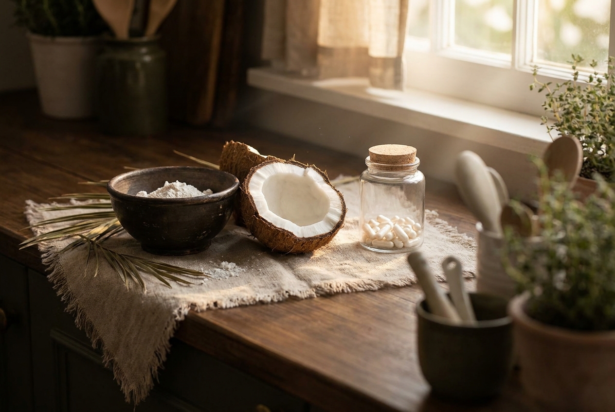 A halved raw coconut resting on a cloth next to a glass jar in soft lighting.