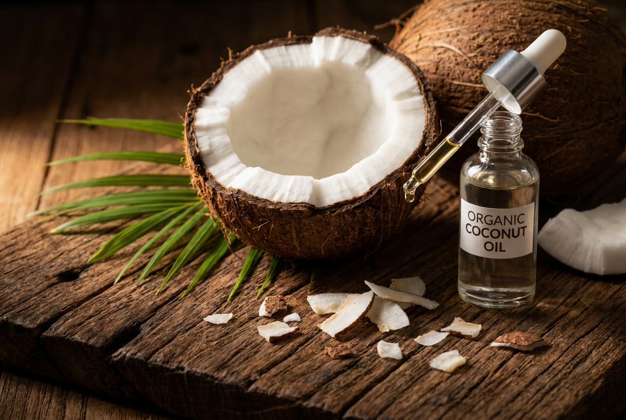 A cracked open coconut next to a glass dropper dispensing clear coconut oil on a wooden board.