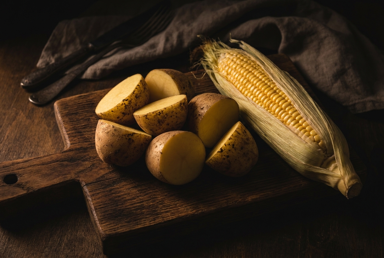 Raw potatoes and an ear of corn resting on a dark wooden chopping board.