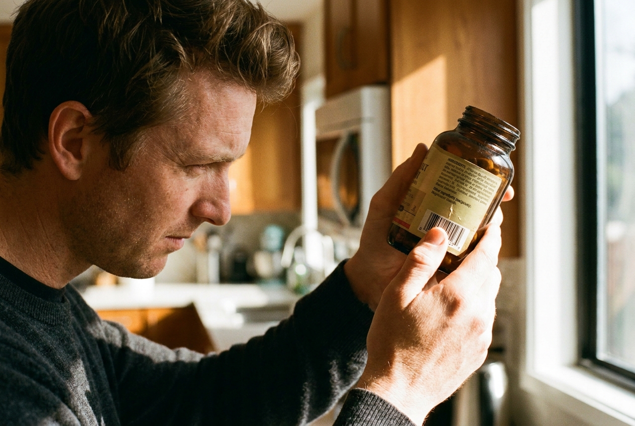 Man holding a supplement bottle up to the light to closely read the ingredient label.