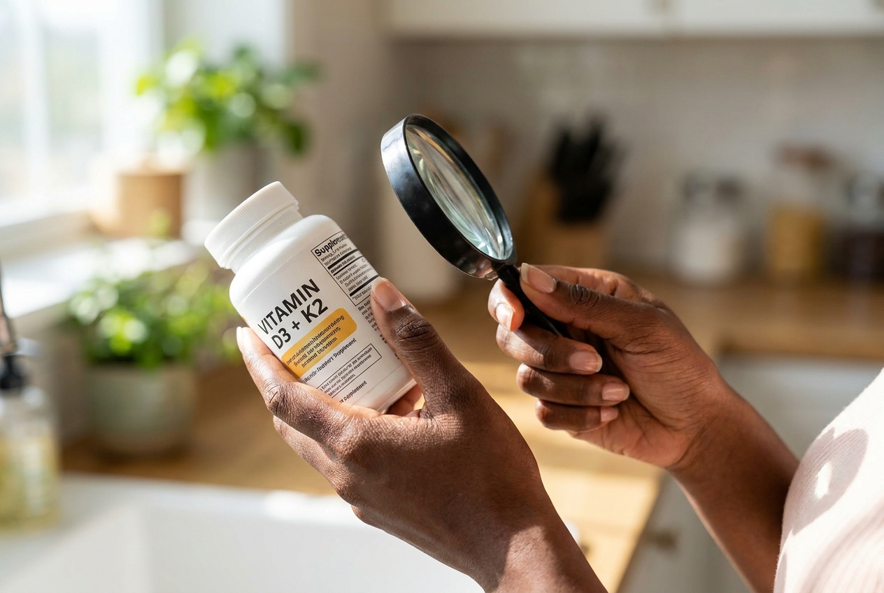 Woman's hands holding a white supplement bottle to read the ingredient label.