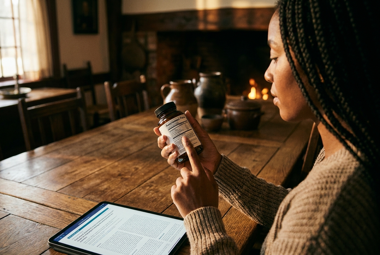 Woman with braided hair carefully reading the ingredient label on a white supplement bottle at a table.