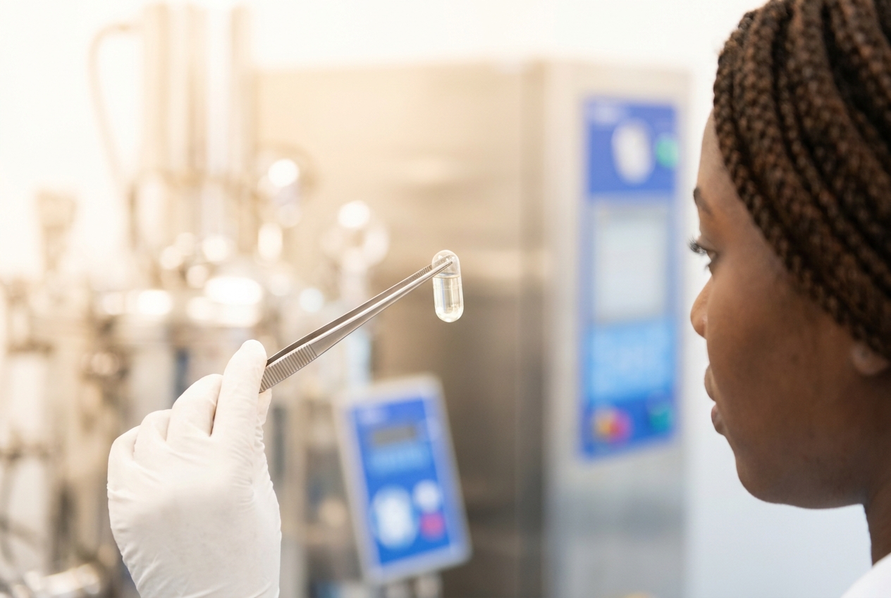 Researcher with dark skin and medical gloves inspecting a clear supplement capsule with tweezers.
