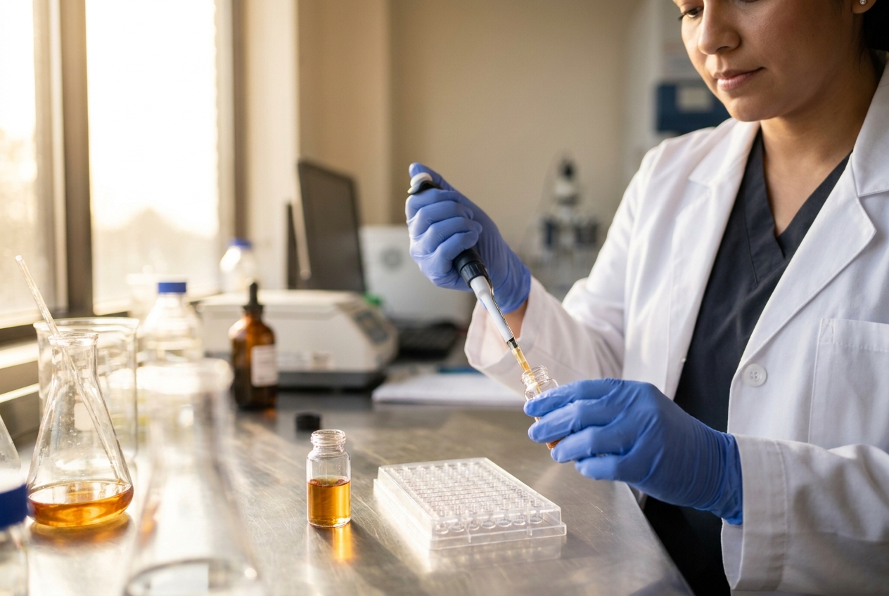 A female scientist in a white coat and blue gloves uses a micropipette to transfer amber liquid into a testing plate.