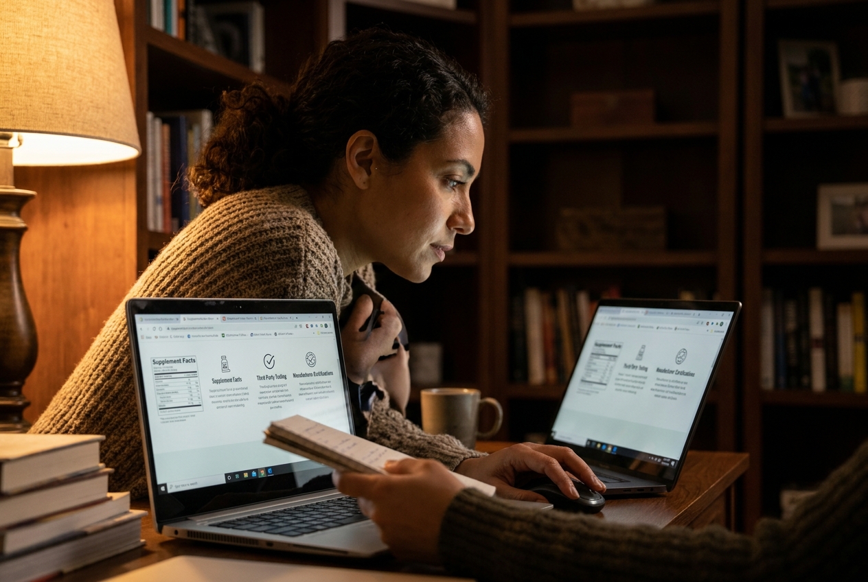 Woman carefully reading supplement ingredient information on a laptop screen.