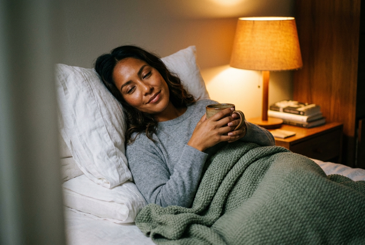 A woman wrapped in a cozy sage-green blanket resting peacefully with a warm mug.