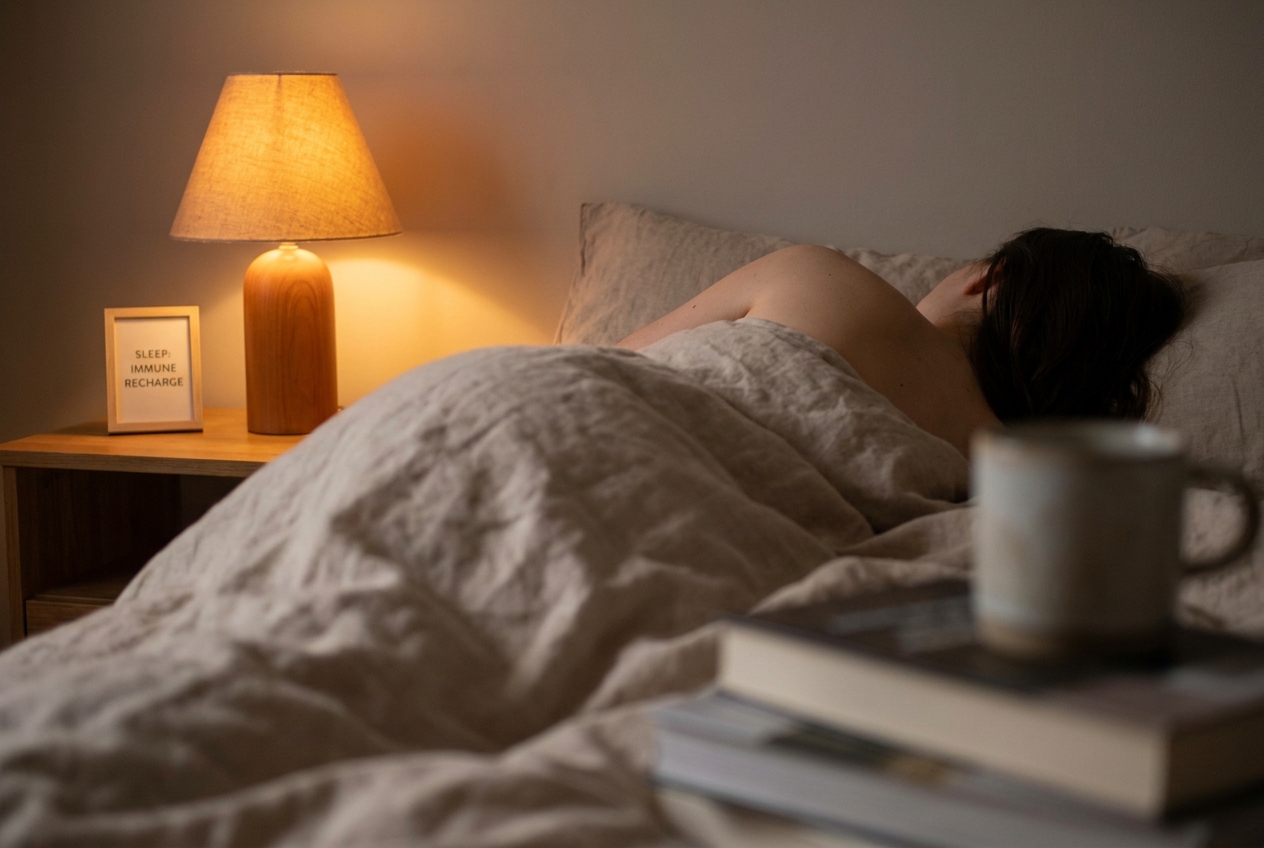A woman sleeping peacefully under a beige linen duvet in soft amber light