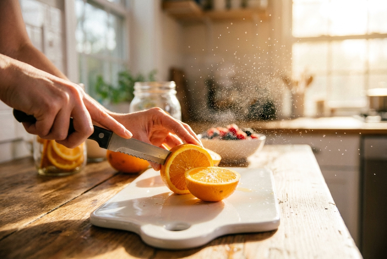 Hands slicing a fresh, juicy orange on a white ceramic cutting board in bright light.