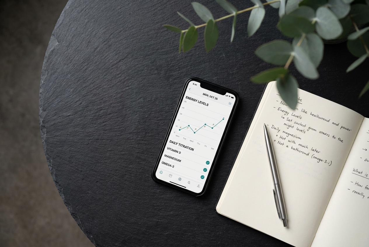 Smartphone showing a health tracking app with a line graph next to a notebook on a slate table.
