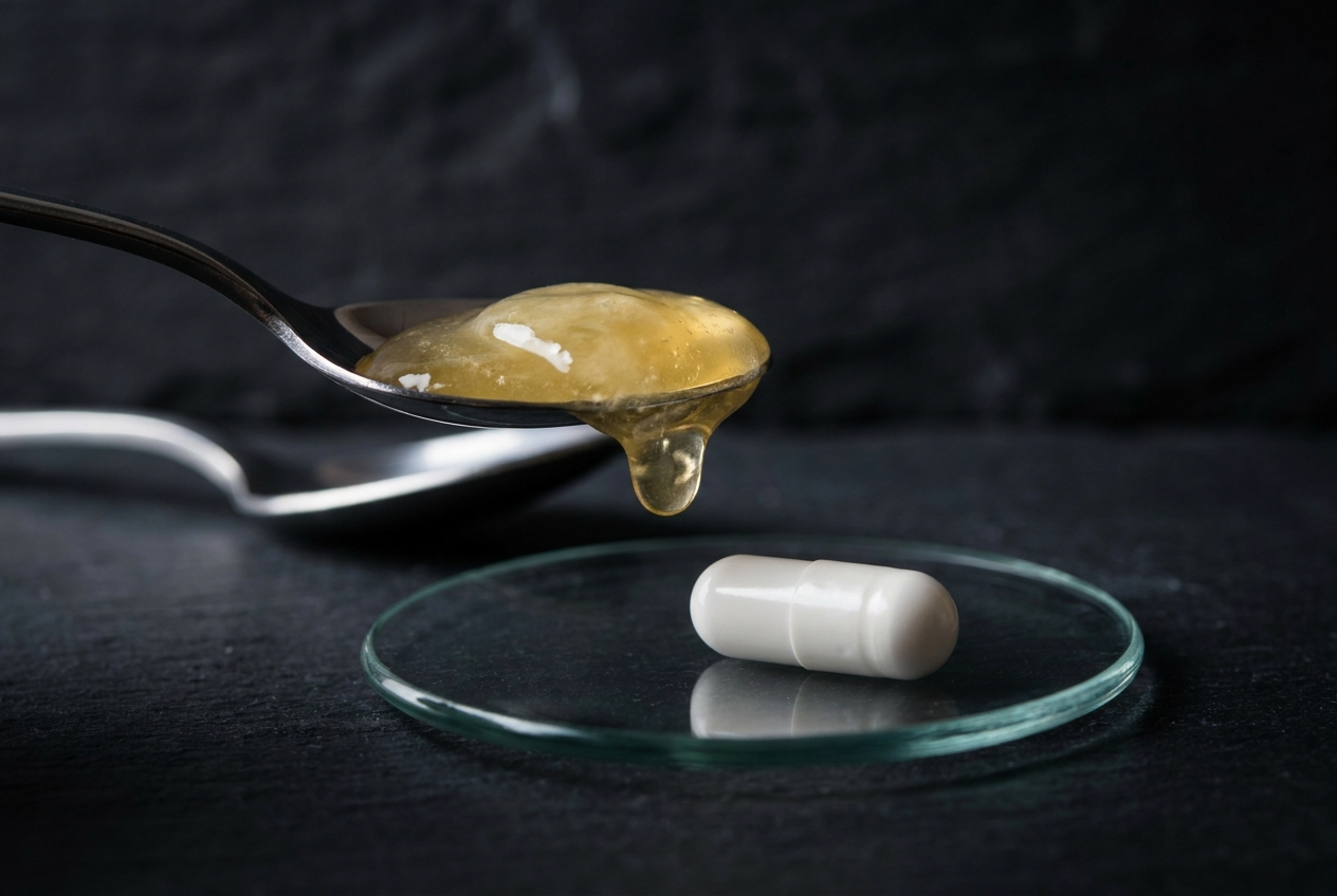 A spoonful of heavy coconut oil dripping near a pristine white supplement capsule.