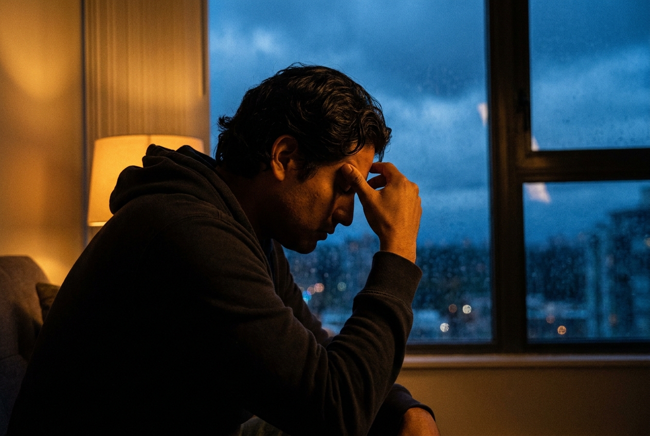 Silhouette of a man resting his head against his hand by a rainy window