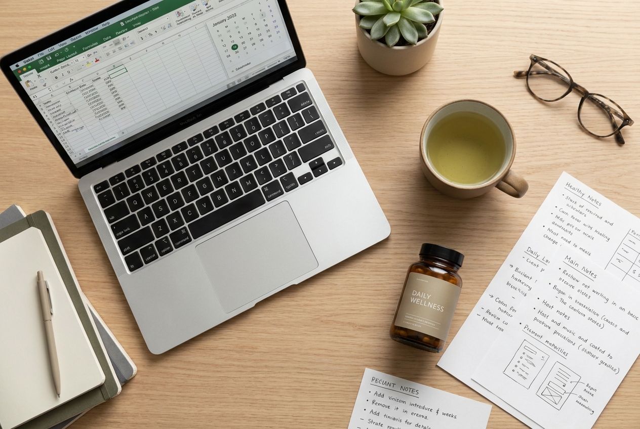 An amber supplement bottle sitting on a minimalist wooden desk next to a ceramic cup of green tea and an open laptop.