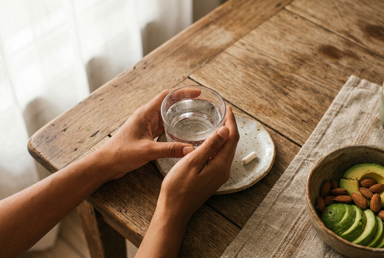 Hands holding a glass of water next to a healthy meal and a single supplement capsule.