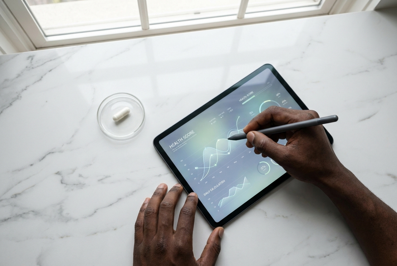 Person using a stylus on a tablet displaying health graphs next to a single capsule.