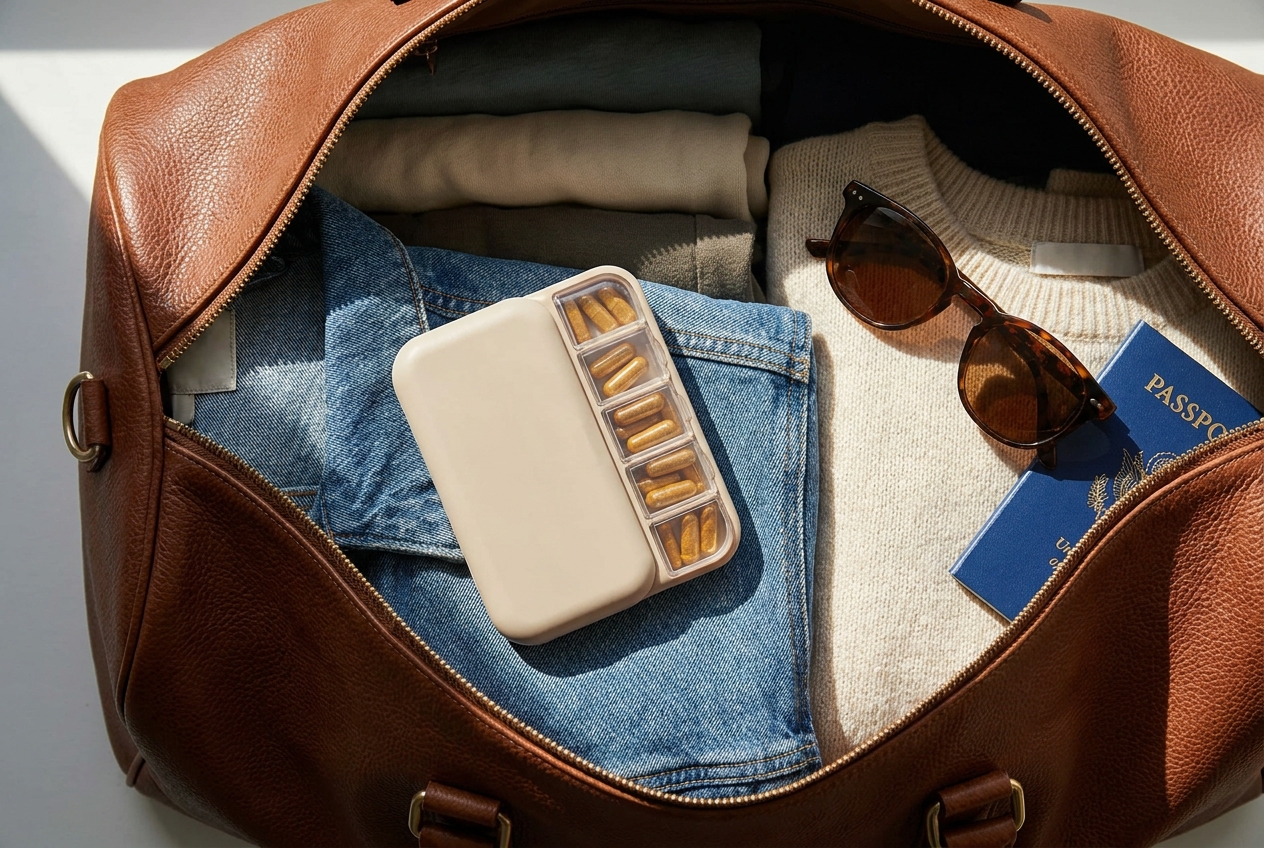 Travel bag packed with clothes, a passport, and a small pill organizer.
