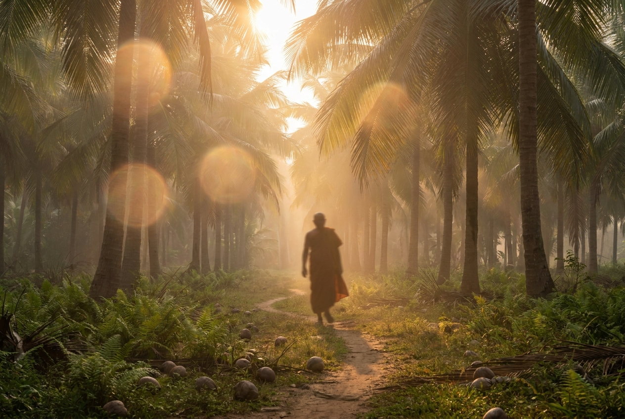 Silhouette of a person walking through a sunny tropical palm grove.