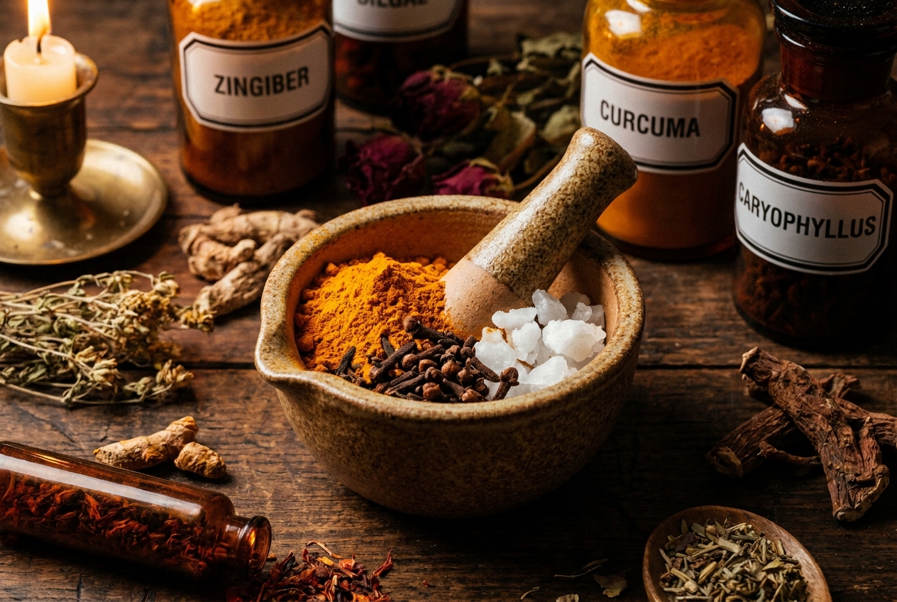 A rustic mortar and pestle containing bright turmeric powder, dried cloves, and coconut oil crystals on a wooden table.