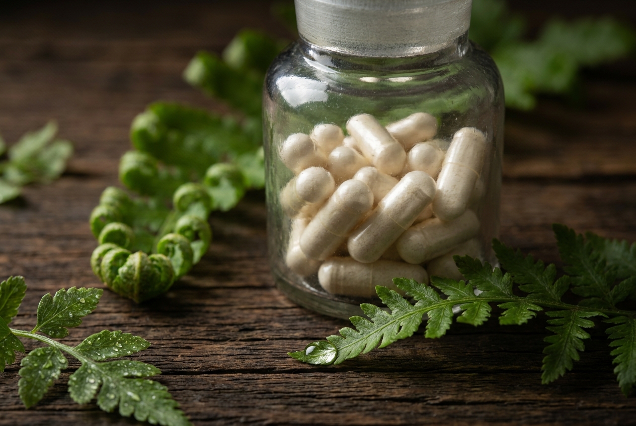 A glass jar of cellulose capsules surrounded by green fern fronds.