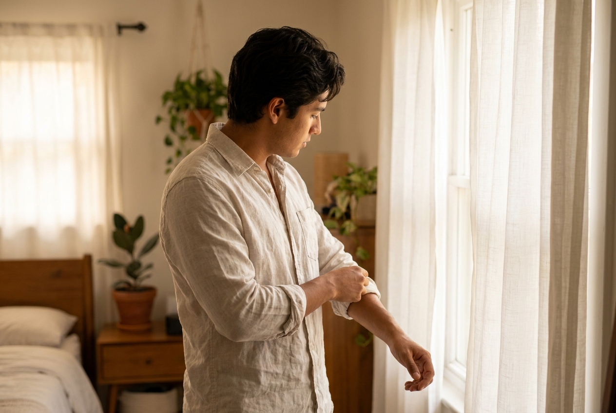 A young Latino man adjusting his shirt cuff in a brightly lit, breezy room.