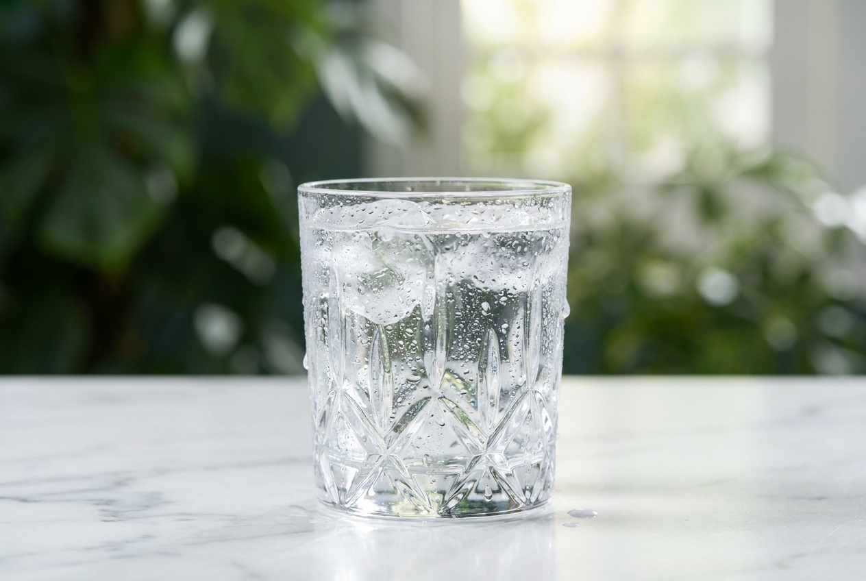 Condensation beading on a crystal glass of sparkling water on a marble counter.