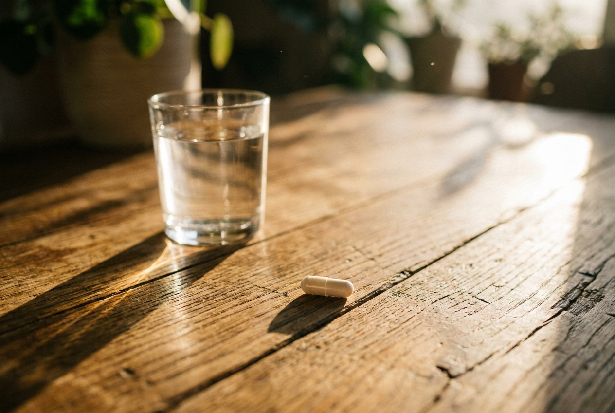 A glass of water and a white supplement capsule resting on a sunlit wooden table.