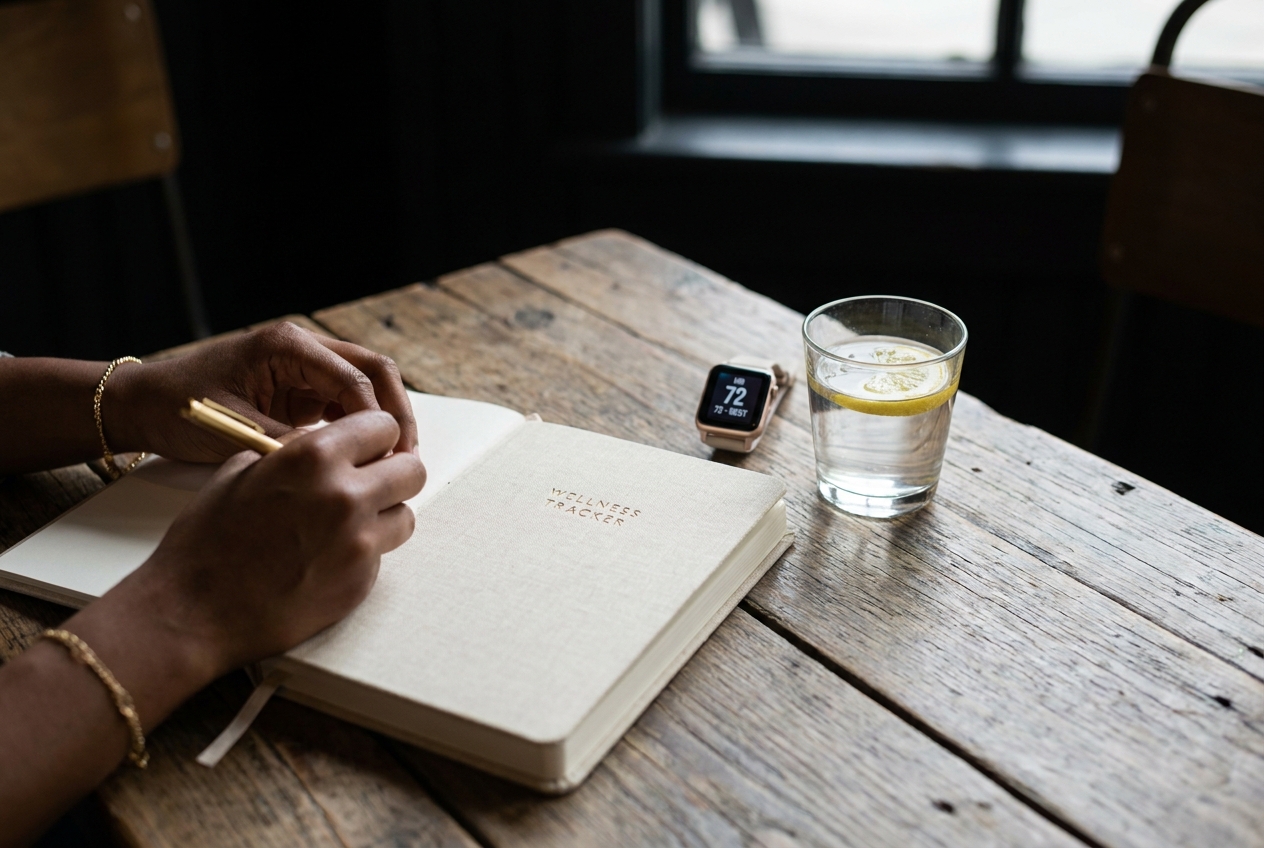 Hands writing in a linen-bound journal next to a glass of lemon water.