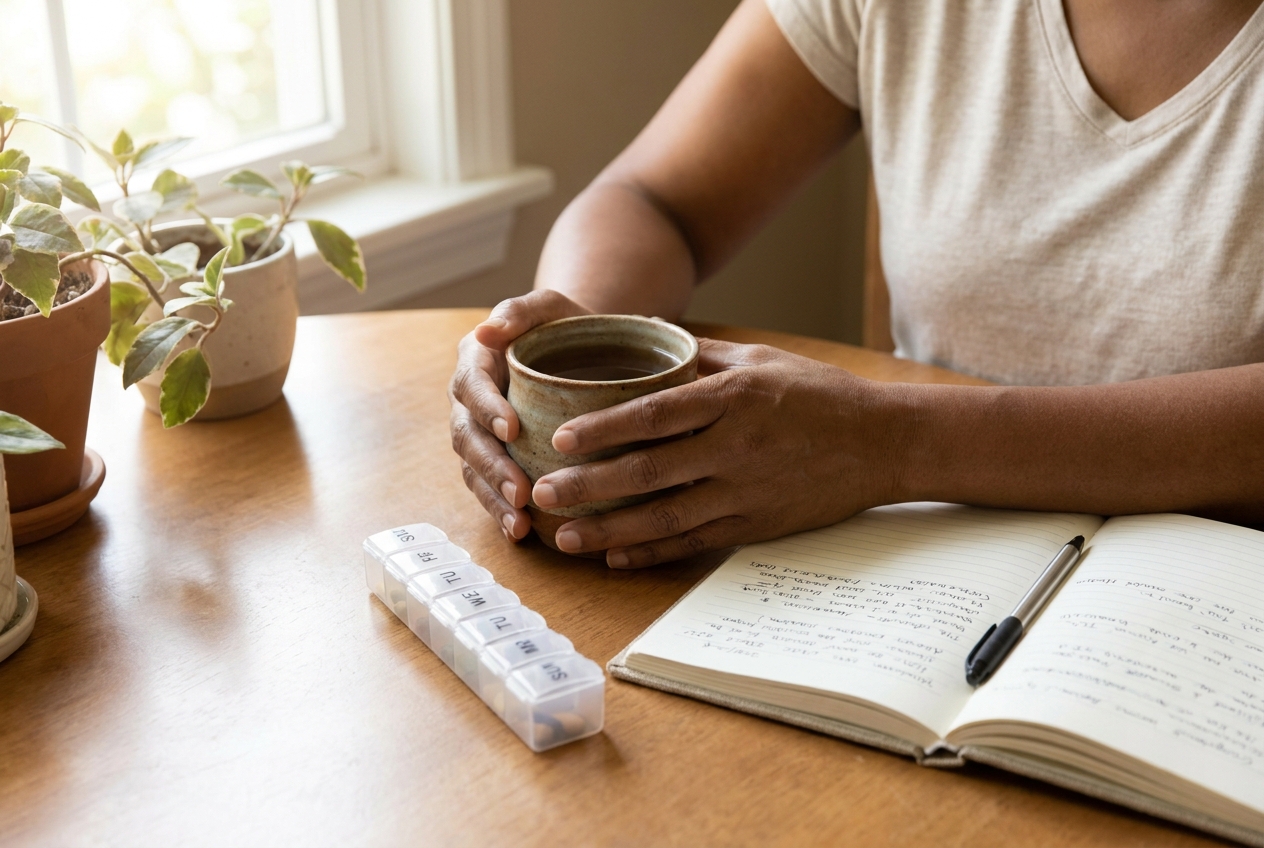 Hands of a woman resting near a mug of tea and a daily supplement organizer on a wooden table.