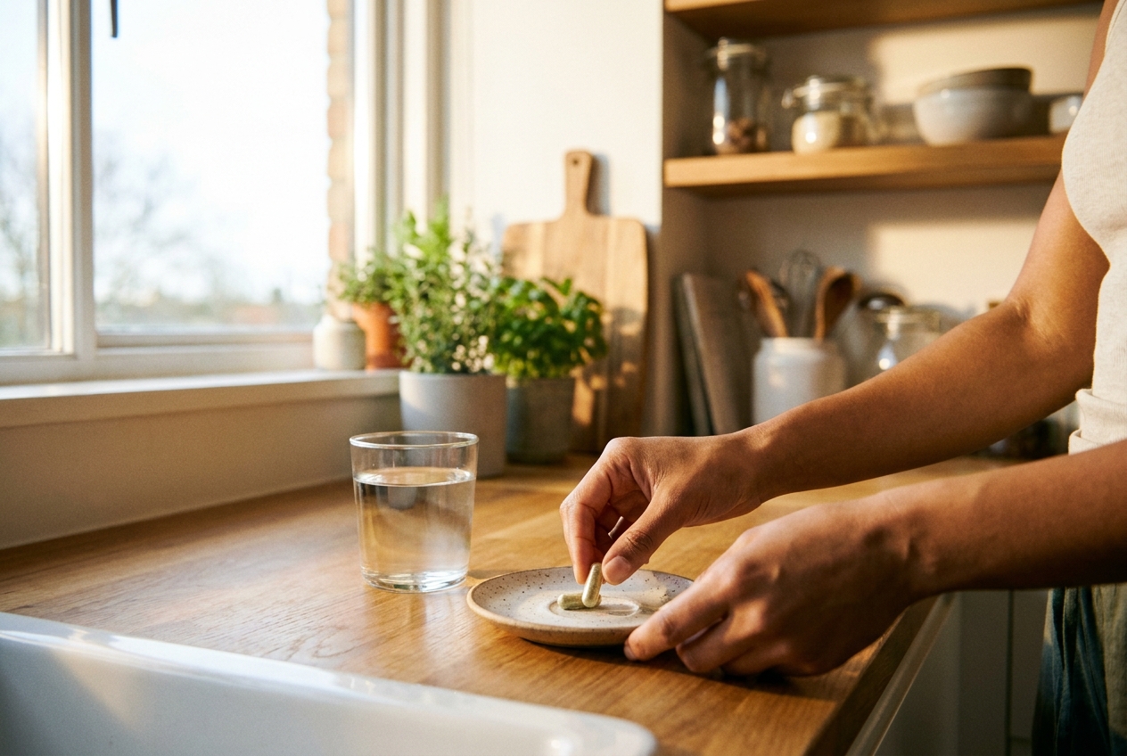 Hands placing a clear wellness capsule next to a glass of water on a ceramic saucer.