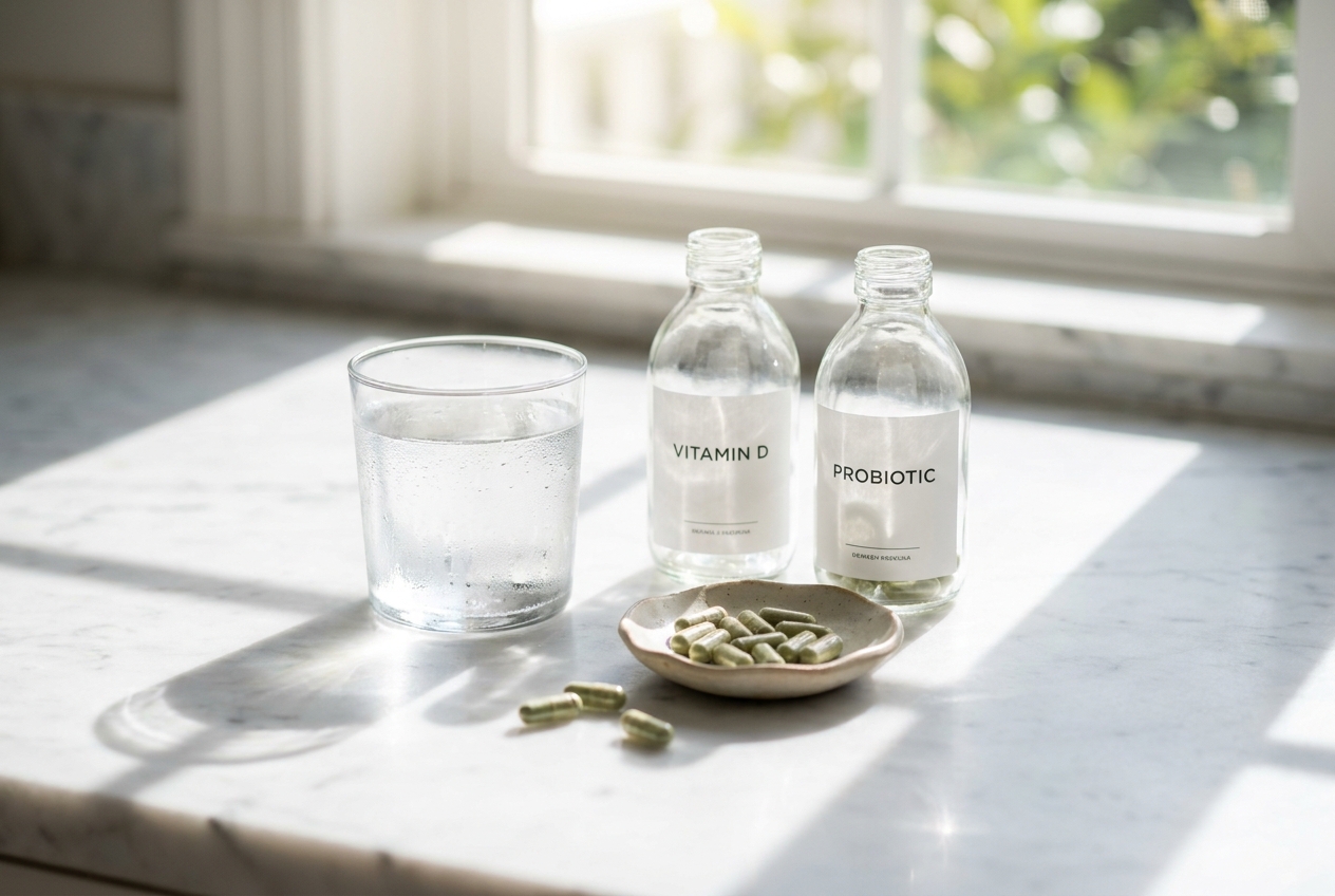 Clear glass of water and translucent capsules on a marble counter.