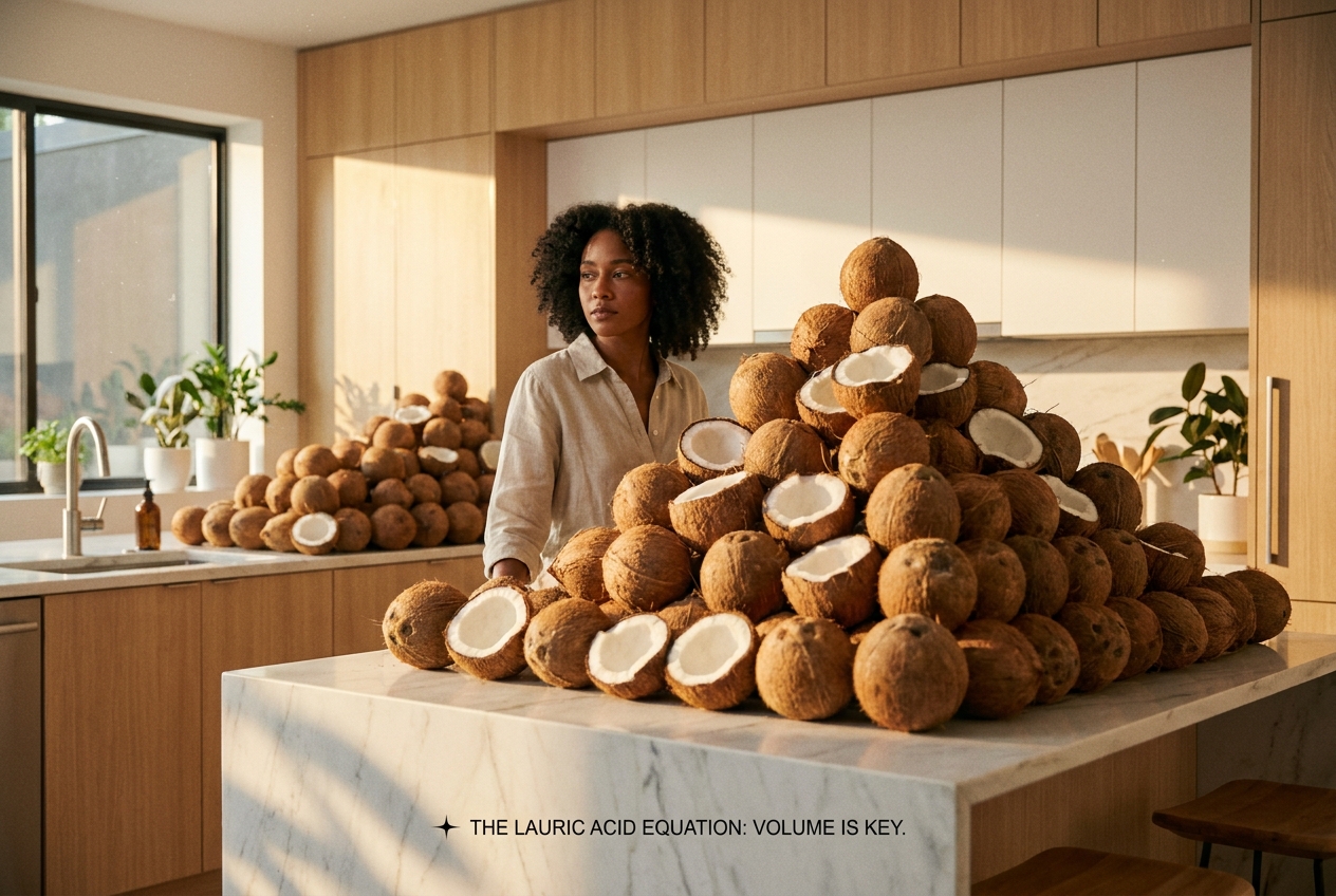 A woman staring at an impossibly large pile of coconuts on a kitchen counter.