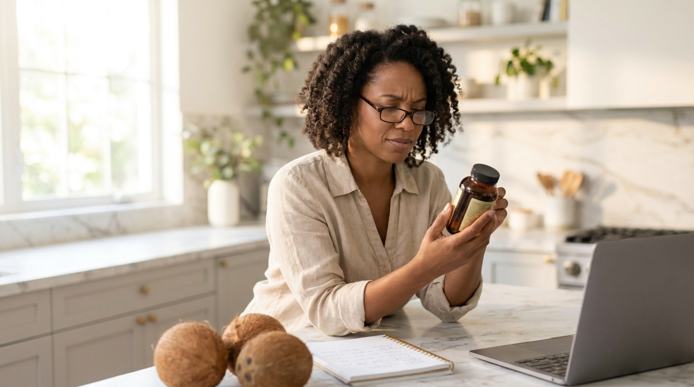 A woman reviewing the label of a natural supplement bottle in her kitchen with raw coconuts nearby.