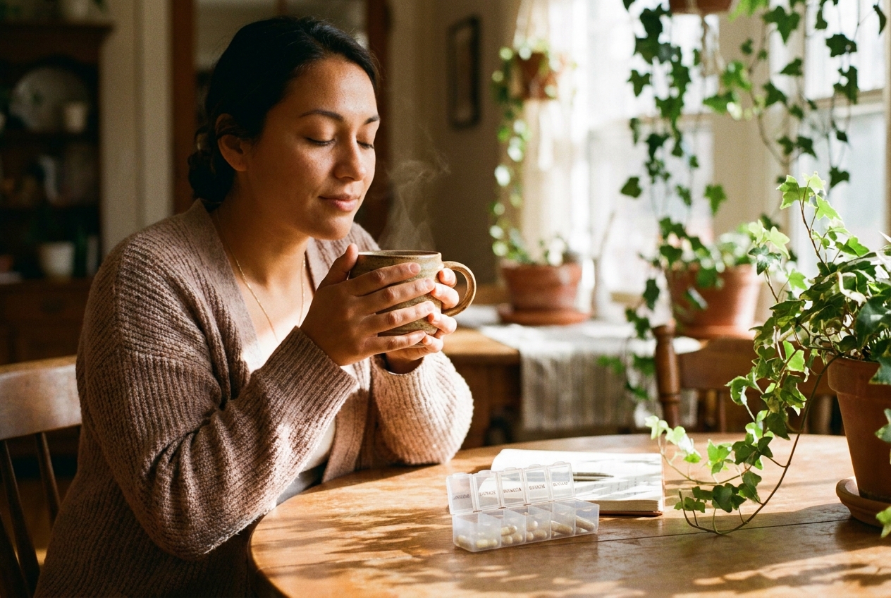Woman with olive skin holding a warm mug of tea next to a daily supplement organizer.