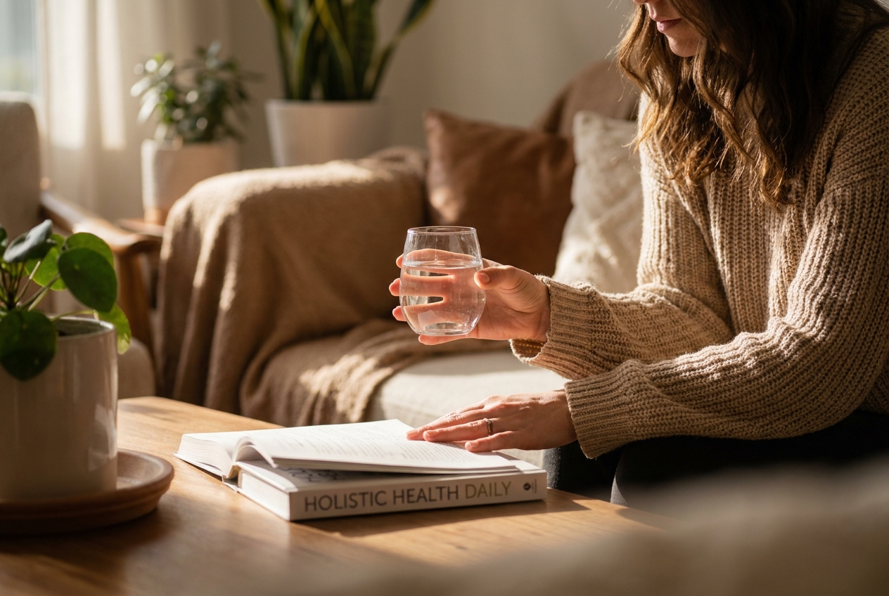 Latina woman in a beige sweater gently holding a glass of water while resting her hand on an open wellness book.