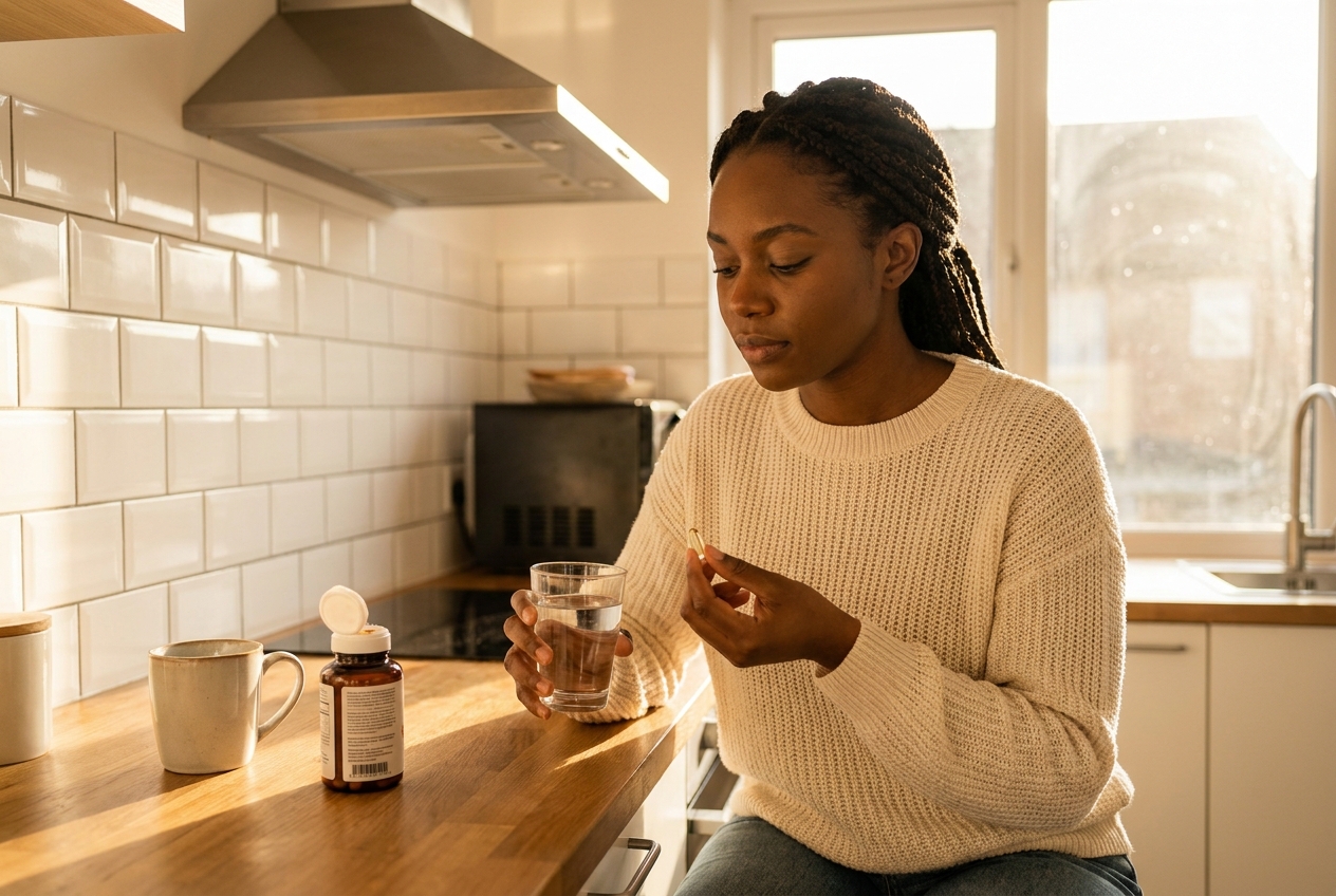 An African American woman holding a glass of water and a translucent supplement capsule in a sunlit kitchen.