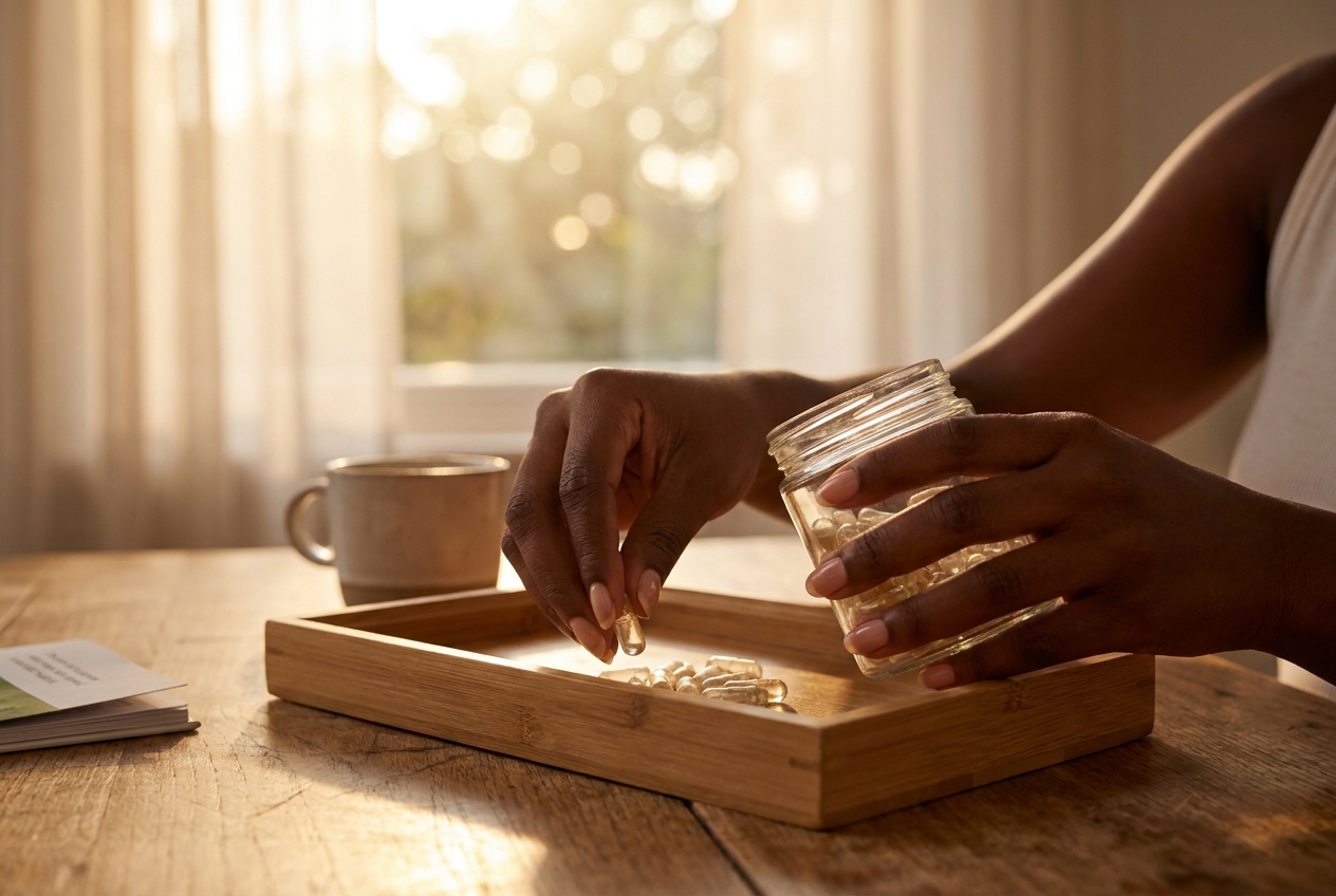 Close-up of a woman's hands sorting transparent supplement capsules on a wooden table.