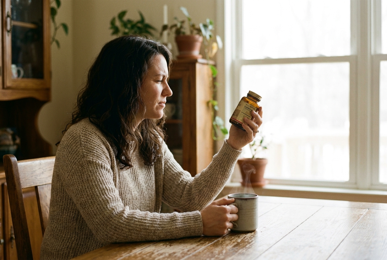 A woman reading the ingredient label of a supplement bottle while sitting at a sunlit dining table.