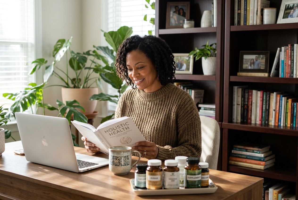 A woman reads a wellness journal at a desk in a sunlit home office.